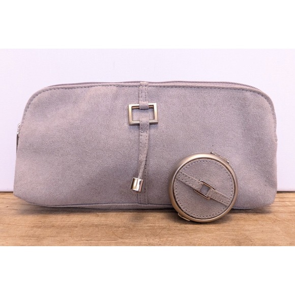 Estée Lauder Handbags - Estee Lauder Faux Suede Gray Cosmetic Zipper Bag Pouch Clutch + Travel Mirror